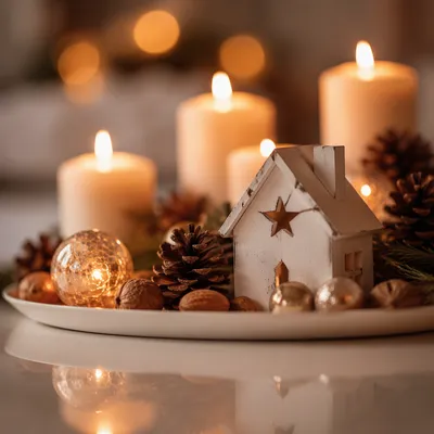 Warm Christmas Candles with Cozy House Ornament
