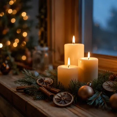 Warm Christmas Candles with Golden Bokeh