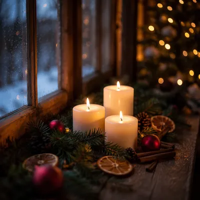 Warm Christmas Candles with Golden Bokeh