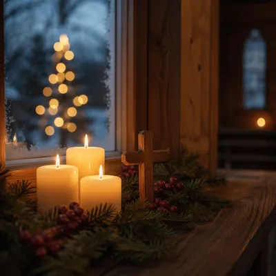 Warm Christmas Candles in Chapel Window