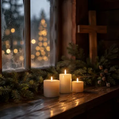Warm Christmas Candles in Wooden Chapel