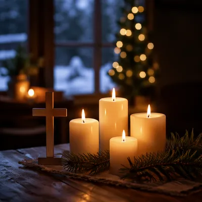 Warm Christmas Candles with Wooden Cross