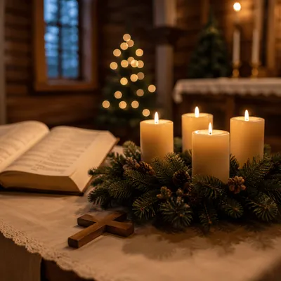 Warm Christmas Candles in Quiet Chapel