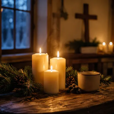 Warm Christmas Candles in Quiet Chapel