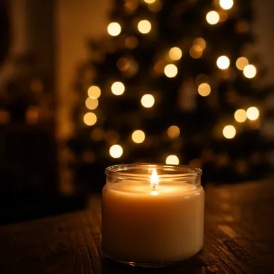 Warm Christmas Candle with Golden Bokeh