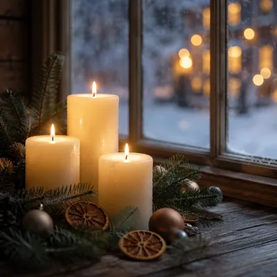 Warm Christmas Candles by Frosted Window