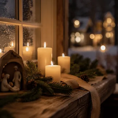 Warm Christmas Candles on Rustic Windowsill
