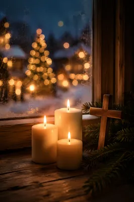 Warm Christmas Candles by Frosted Window
