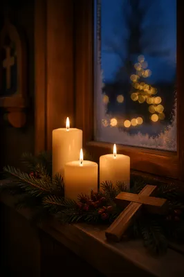 Warm Christmas Candles in Wooden Chapel