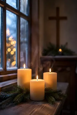 Warm Christmas Candles in Quiet Chapel