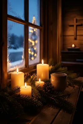 Warm Christmas Candles in Chapel Window