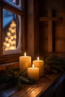Warm Christmas Candles in Wooden Chapel