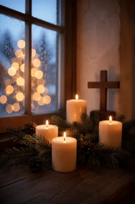Warm Christmas Candles in Chapel Window