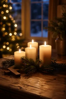 Warm Christmas Candles with Wooden Cross