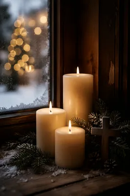 Warm Advent Candles by Frosted Window