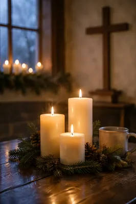 Warm Christmas Candles in Quiet Chapel