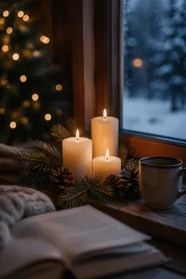 Warm Christmas Candles on Winter Windowsill