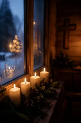 Warm Christmas Candles in Chapel Window