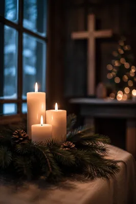 Warm Christmas Candles in Rustic Chapel