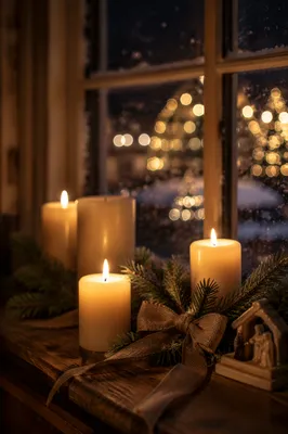 Warm Christmas Candles by Frosted Window