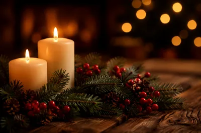 Warm Christmas Candles with Golden Bokeh