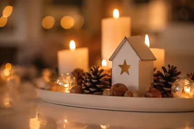 Warm Christmas Candle Bokeh Tabletop Vignette
