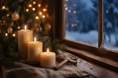 Warm Christmas Candles by Twilight Window