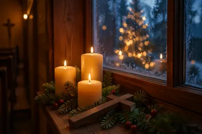 Warm Christmas Candles in Wooden Chapel