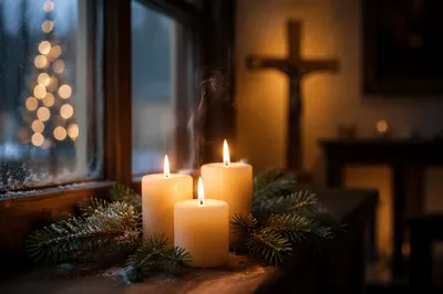 Warm Christmas Candles in Quiet Chapel