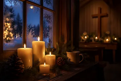 Warm Christmas Candles in a Wooden Chapel