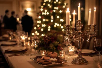 Warm Christmas Candlelight Dinner with Golden Bokeh