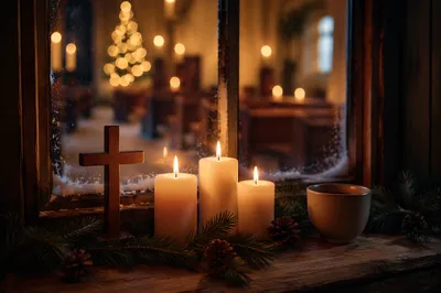 Warm Advent Candles with Cross and Bokeh