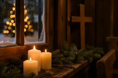 Warm Christmas Candles in Wooden Chapel