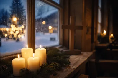 Warm Christmas Candles in Countryside Chapel