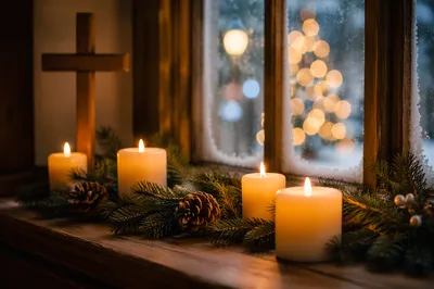 Warm Christmas Candles in Chapel Window
