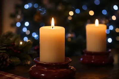 Warm Christmas Candles with Blue Bokeh
