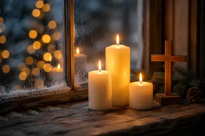 Warm Advent Candles by Frosted Window