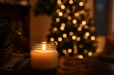 Warm Christmas Candle with Golden Bokeh