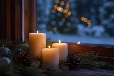 Warm Christmas Candles by Snowy Window