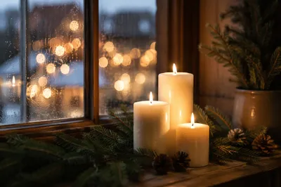 Warm Christmas Candles with Evergreen Bokeh