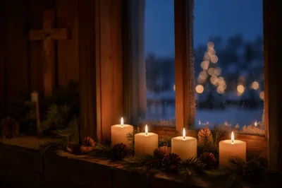 Warm Christmas Candles in Chapel Window