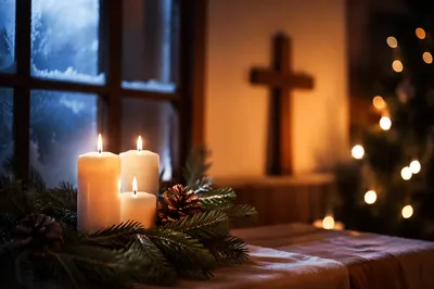 Warm Christmas Candles in Rustic Chapel