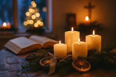 Warm Christmas Candles with Golden Bokeh