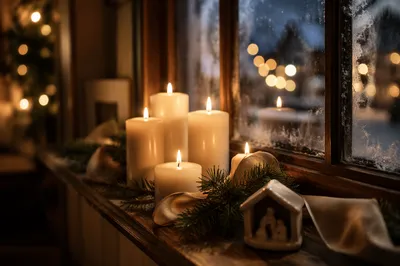 Warm Christmas Candles by Frosted Window