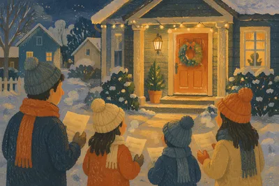 Christmas Carolers at a Warm Front Door