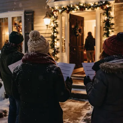 Christmas Carolers at a Welcoming Doorstep
