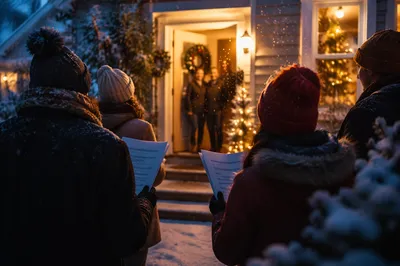 Neighborhood Christmas Carolers at Warmly Lit Door