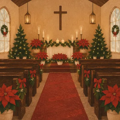 Christmas Church Sanctuary with Red Poinsettias