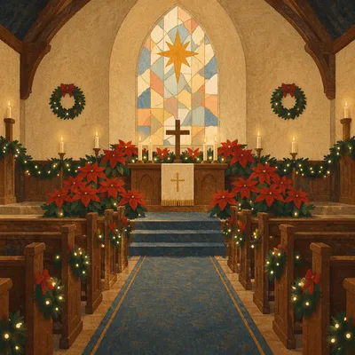 Christmas Church Sanctuary with Red Poinsettias