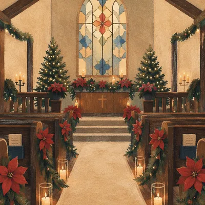 Christmas Church Sanctuary with Poinsettias